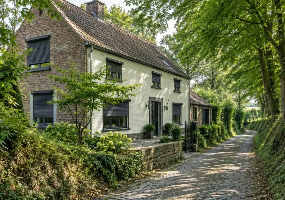 Maison de caractère avec volets roulants le long d'un chemin creux bordé d'arbres