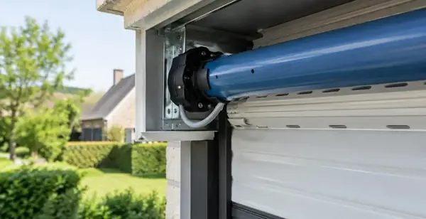 Moteur tubulaire installé au bout de l'axe d'un volet roulant, coffre ouvert