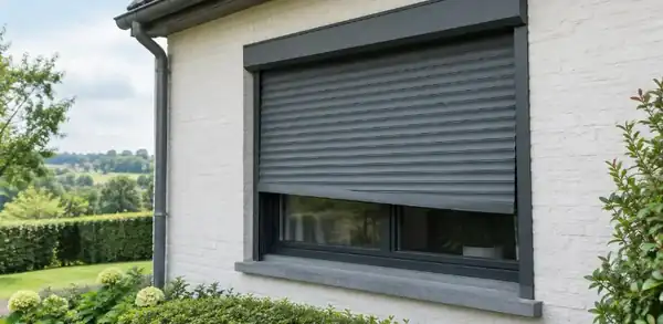 Volet roulant gris à moitié descendu sur une fenêtre de maison