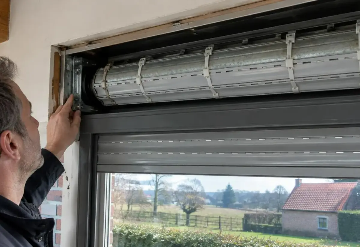 Technicien contrôlant l'axe et les lames d'un volet roulant, coffre ouvert